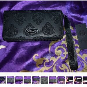 Ed Hardy Tigers All Black Logo Print Embossed Womens Mens Wallet Wristlet New
